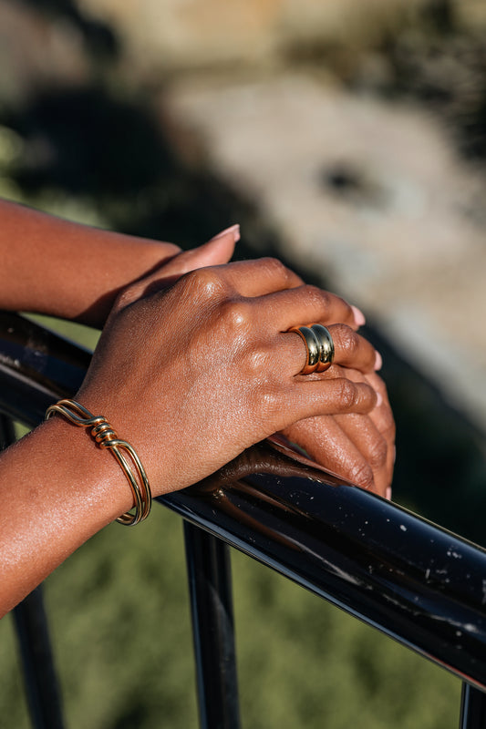 Goals ring on model hand with surrounded bracelet