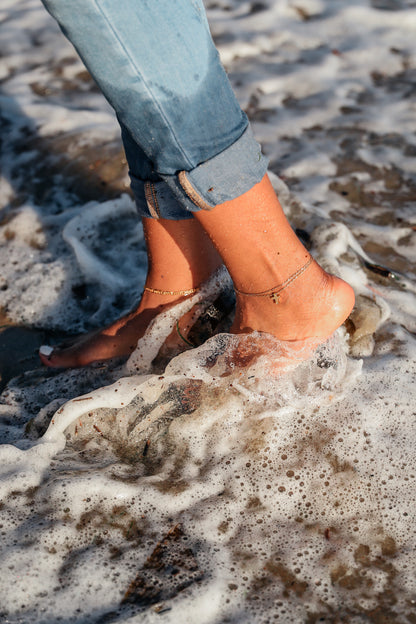 Model walking in ocean in walk in faith anklet