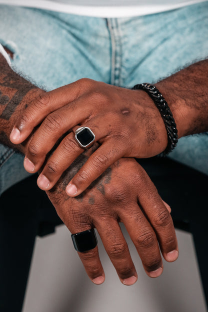 black amor bold mens ring, carnelian ring and lets link bracelet on model 